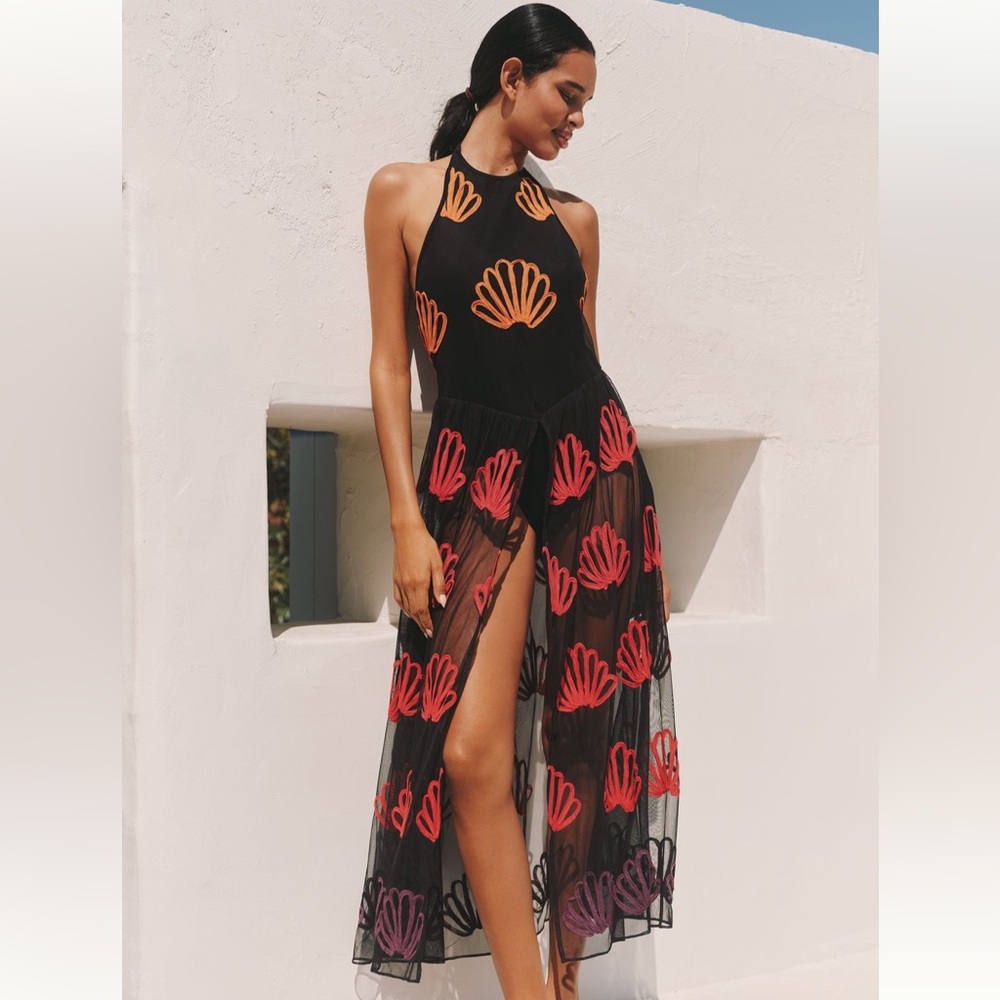 NWT Anthropologie Black Coverup with Red and Orange Shells